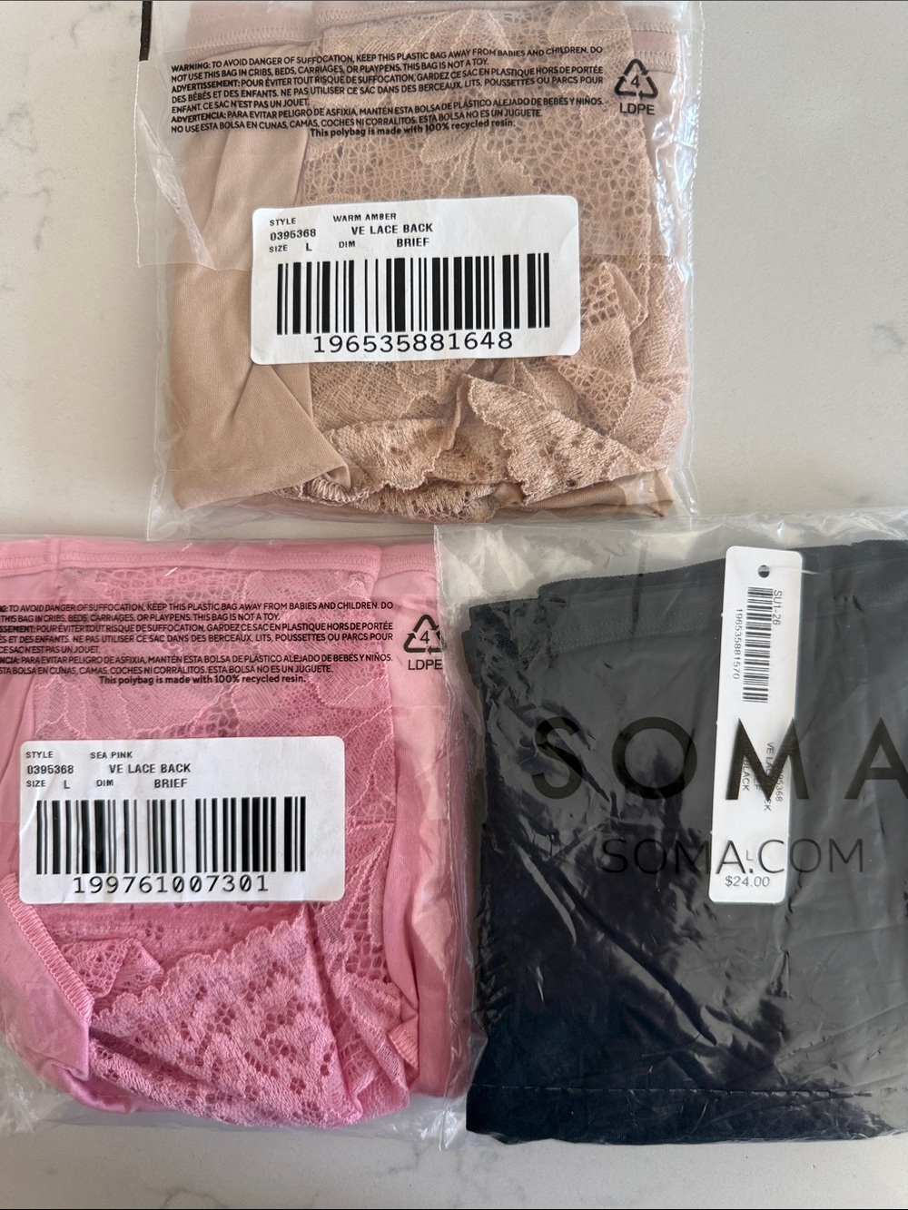 Soma Lace Back Brief Trio in size large.